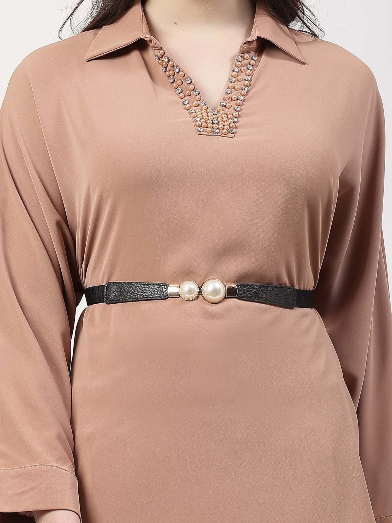 NVR Circular Black Stretchable Leather Belt for Women