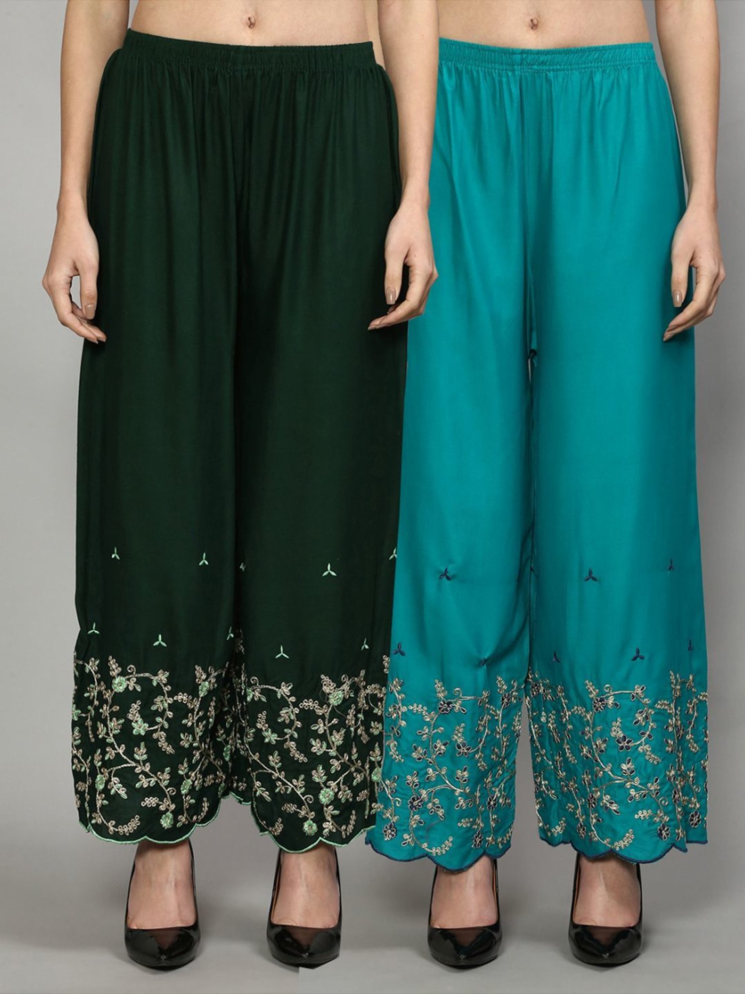 Gracit Green & Turquoise Embroidered Palazzos - Pack Of 2