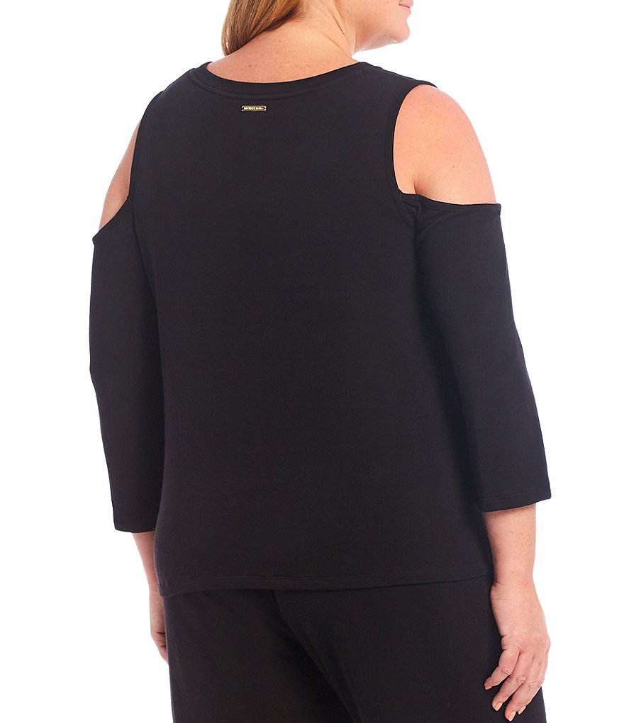 MICHAEL Michael Kors Plus Size Brush Back Knit Terry Jewel Neck Cold Shoulder 3/4 Sleeve Twist Hem Top