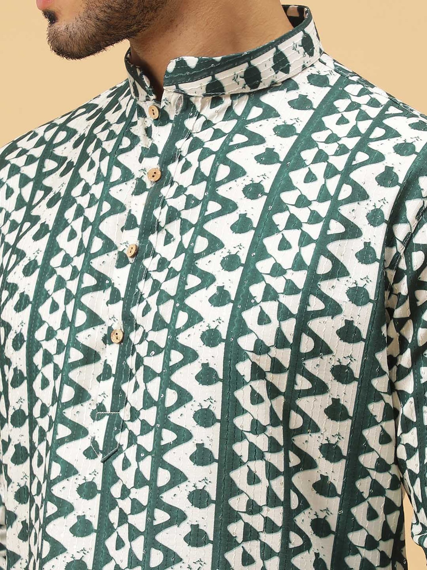 TABARD Green & Beige Regular Fit Embroidered Kurta & Churidar Set