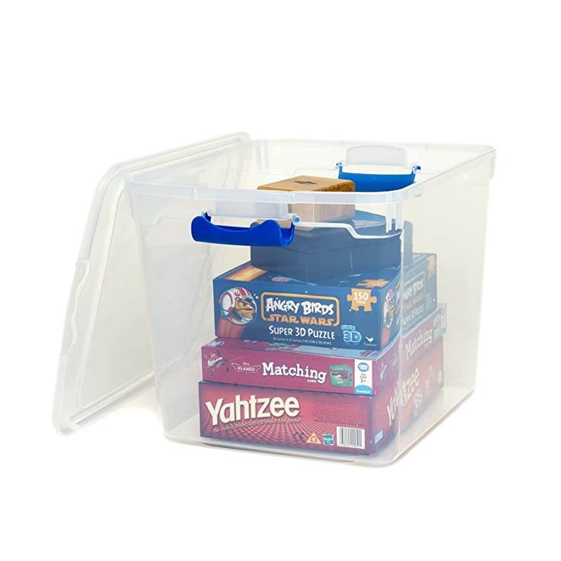 Plastic Storage Modular Stackable Storage Bins with Blue Latching Handles 31 Quart Clear 4Pack