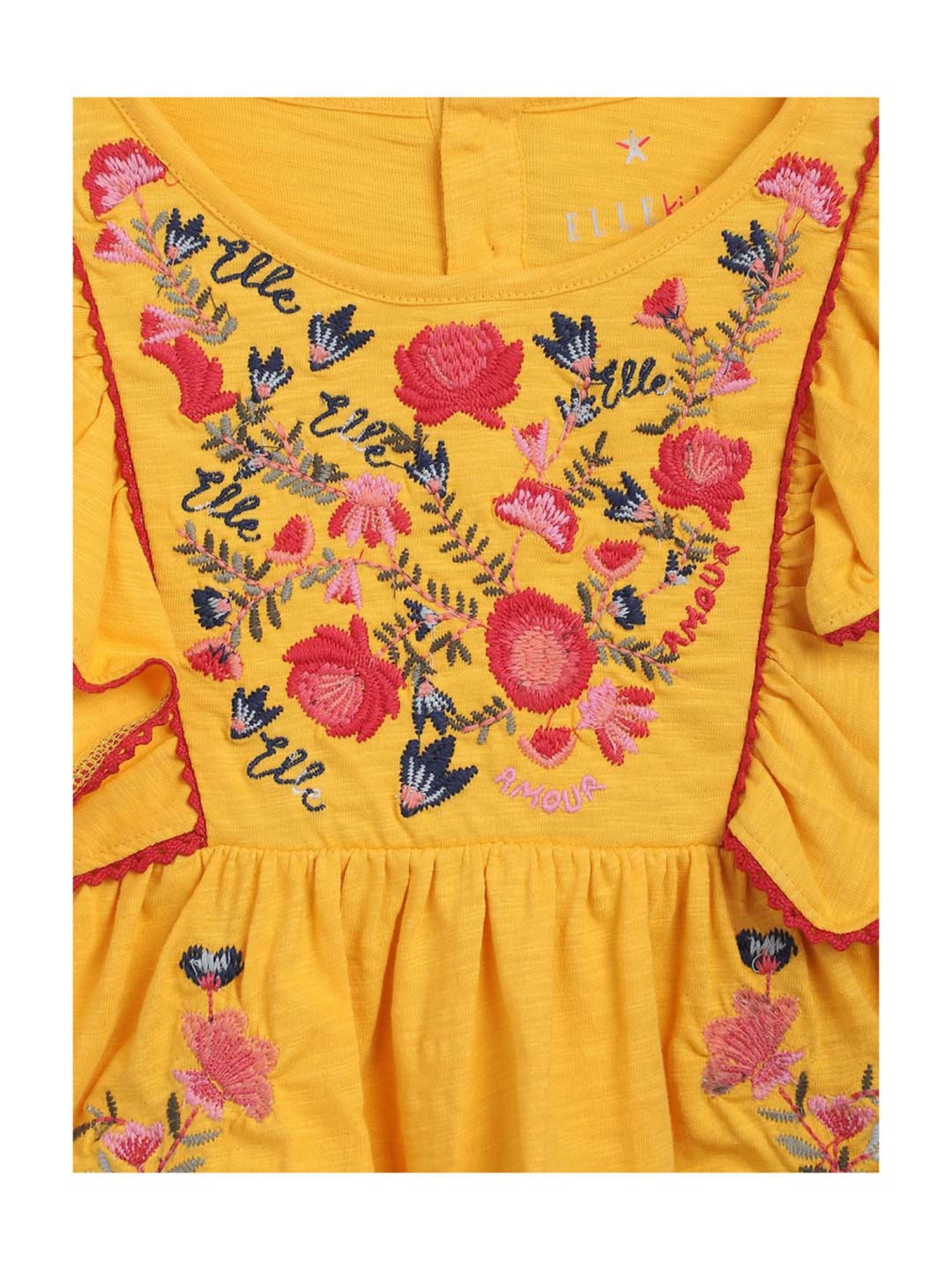Elle Kids Yellow Cotton Embroidered Top