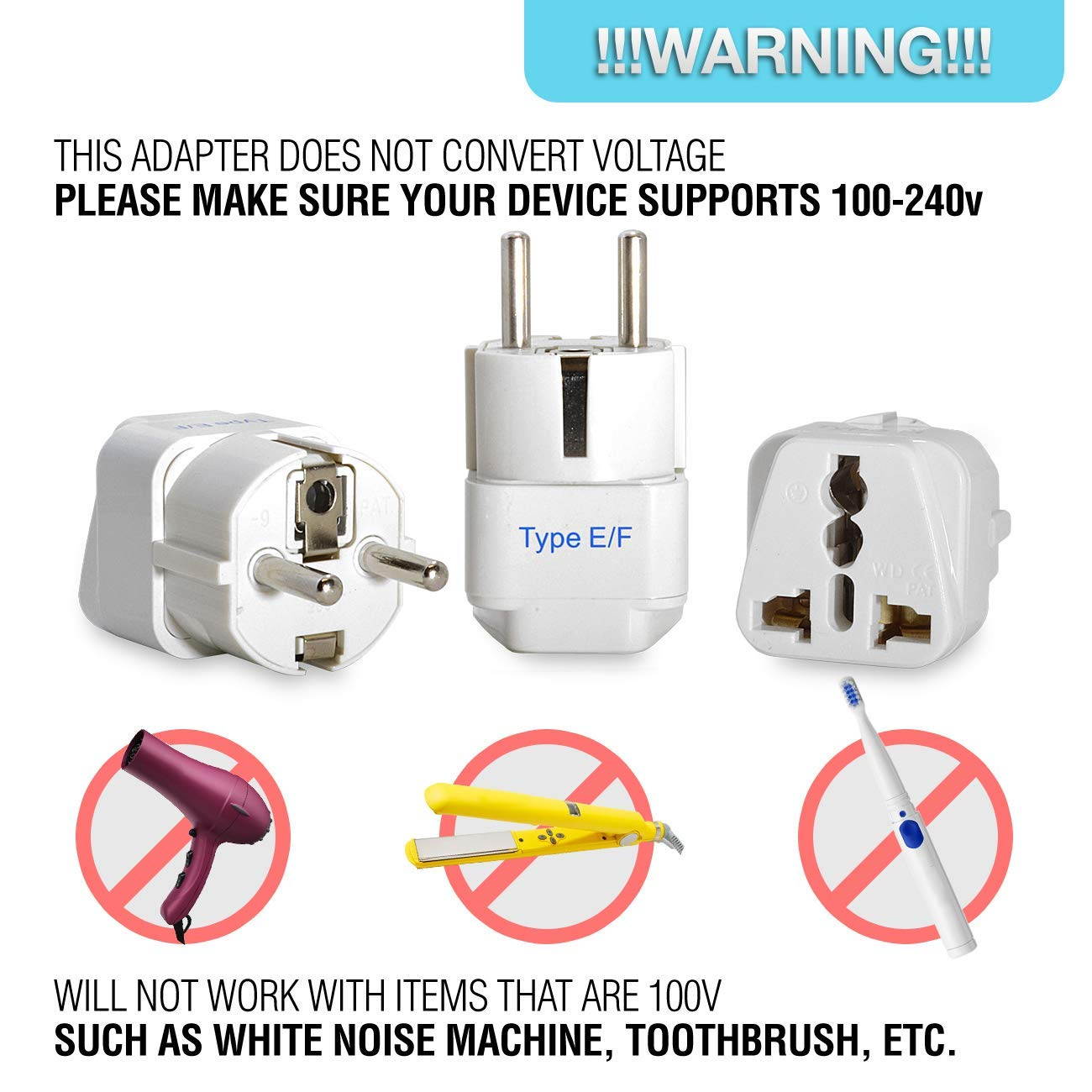 Ceptics Europe, Germany, France (Schuko) Travel Plug Adapter (Type E/F), Universal Socket Plug Accepts Plugs From any Country, Perfect for Cell Phones, Laptops, Chargers and More - 3 Pack (GP-9)