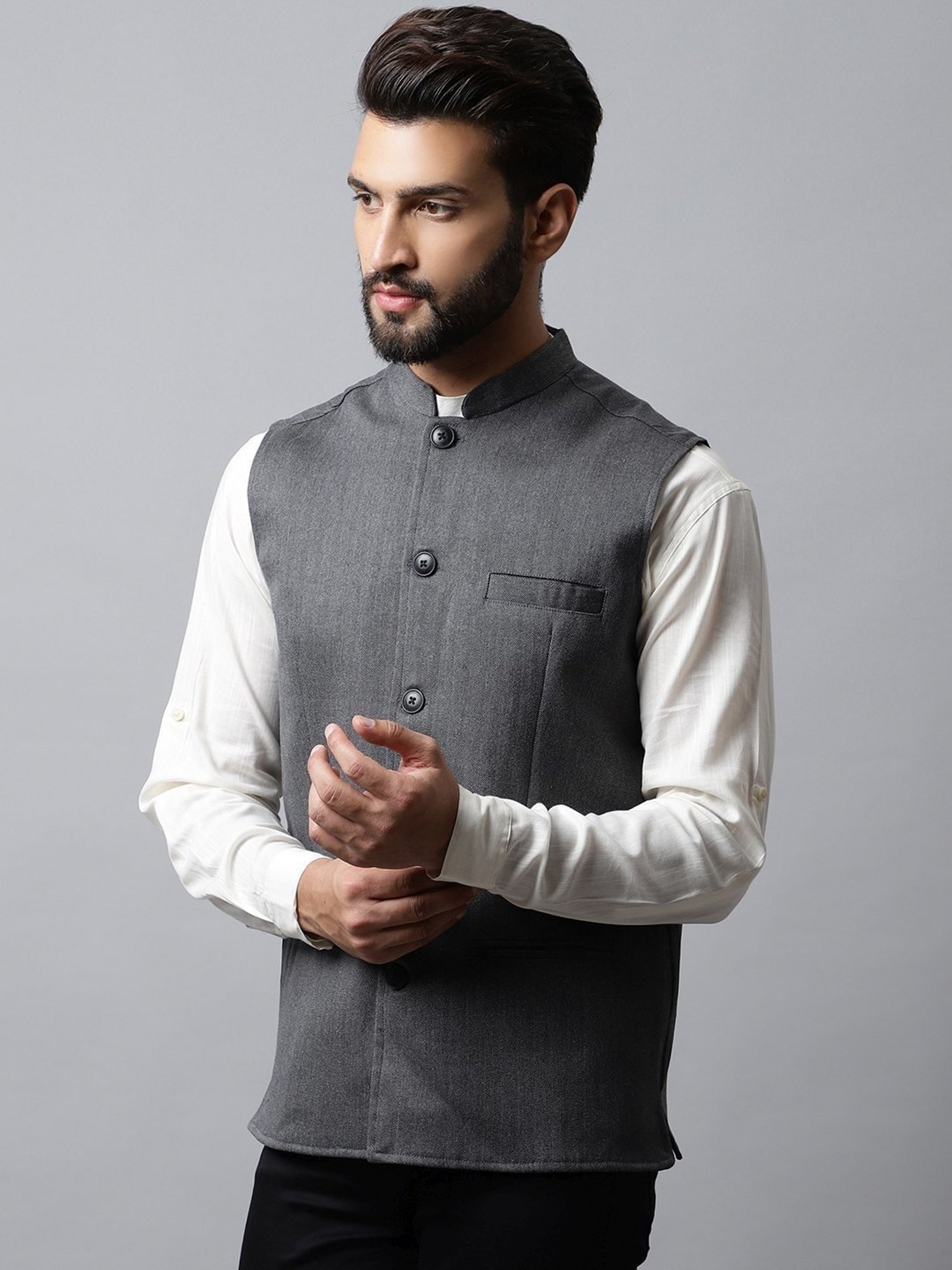 Even Grey Regular Fit Printed Nehru Jacket