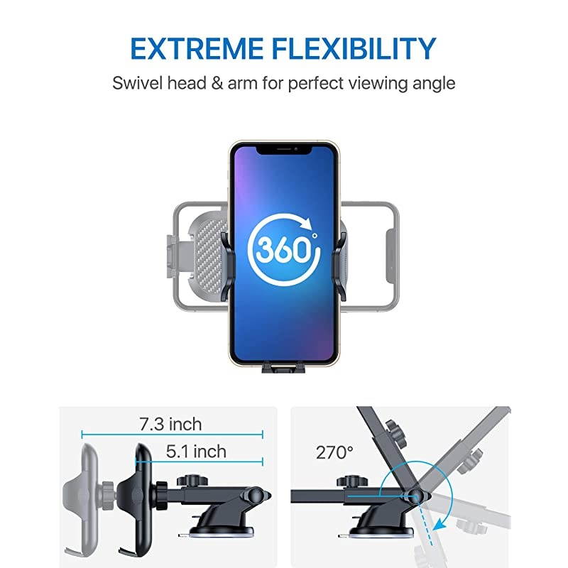 Car Phone Mount Easy Clamp, [Super Suction & Durable] Universal Dashboard Air Vent Windshield Hands-Free Phone Holder for Car Compatible with iPhone 12 11 SE XR 8 Galaxy S21 All Phones