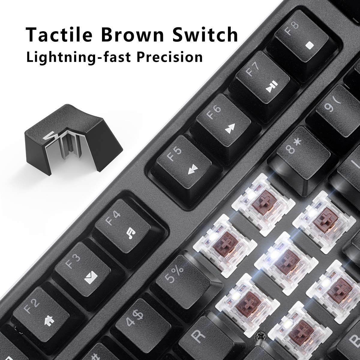 VELOCIFIRE TKL02 Wireless Plugable Mechanical Keyboard 87 Key Tenkeyless Ergonomic with Low Profile Quiet Brown Switches, and White LED Backlit for Copywriters, Typists, and Programmers