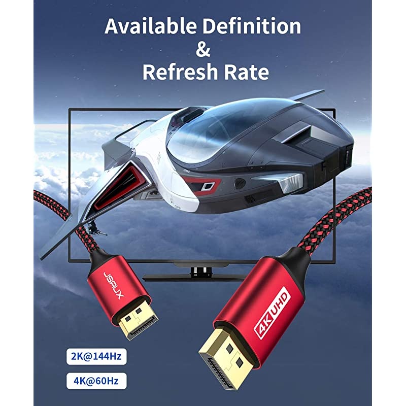 DisplayPort Cable 10FT 4K60Hz  Nylon Braided DP to DP Cord Ultra High Speed for HDTV Graphics Card Projector DP to DP Wire 2K144Hz for Laptop PC TV etc Gaming Monitor Cable Red