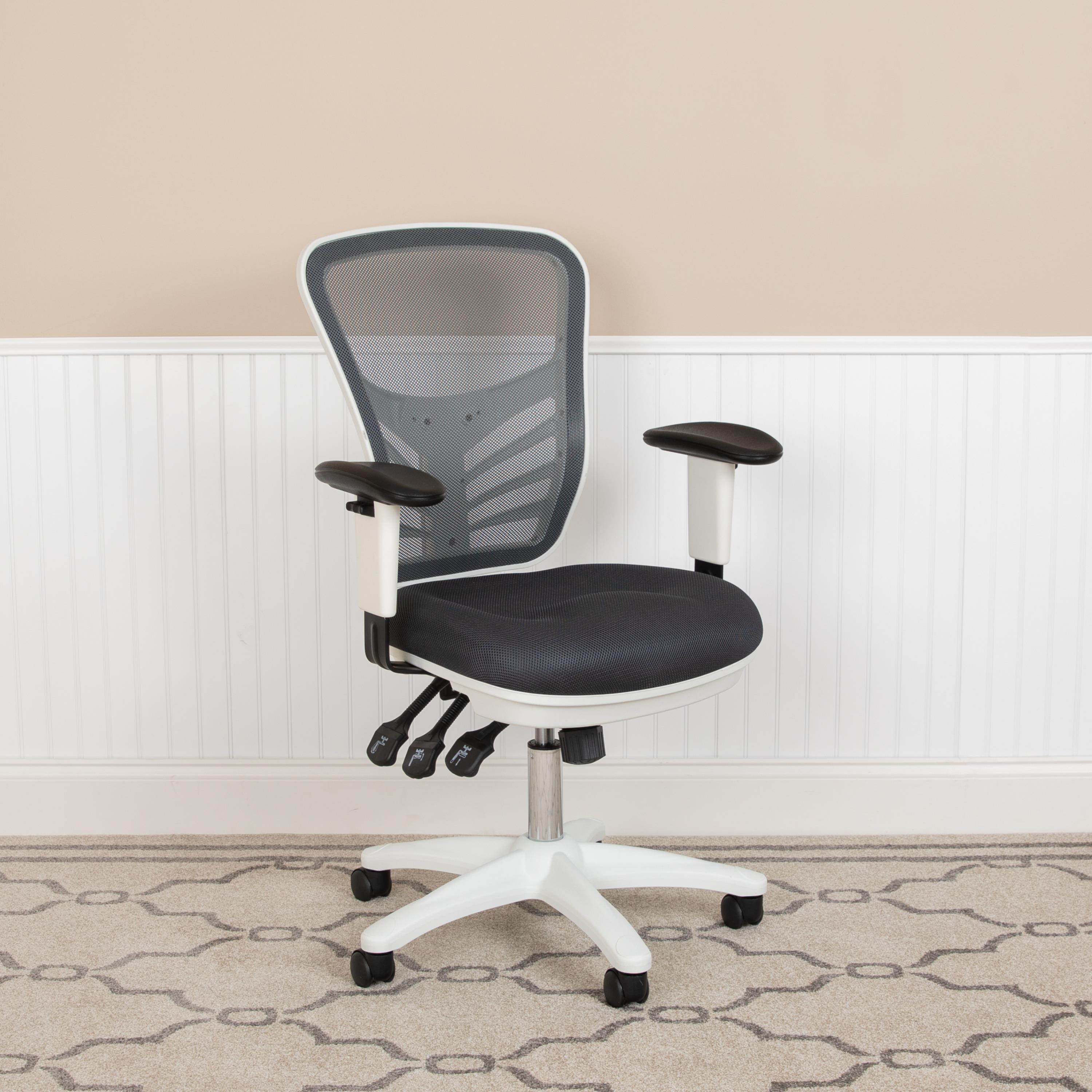 Mid-Back Dark Gray Mesh Multifunction Executive Swivel Ergonomic Office Chair with Adjustable Arms and White Frame
