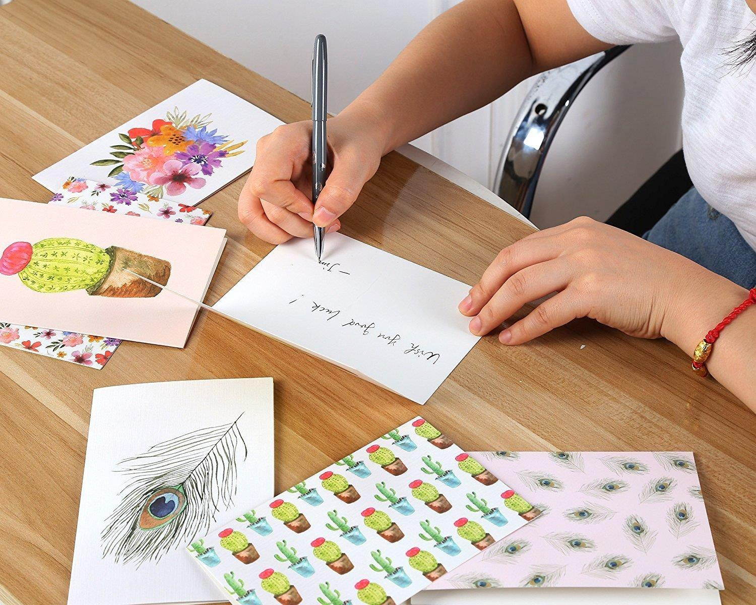 48 Pack All Occasion Assorted Blank Note Cards Greeting Cards Bulk Box Set - 6 Watercolor Designs, Cactus Cacti Floral Flower Peacock Feathers - Notecards with Envelopes Included 4 x 6 Inches