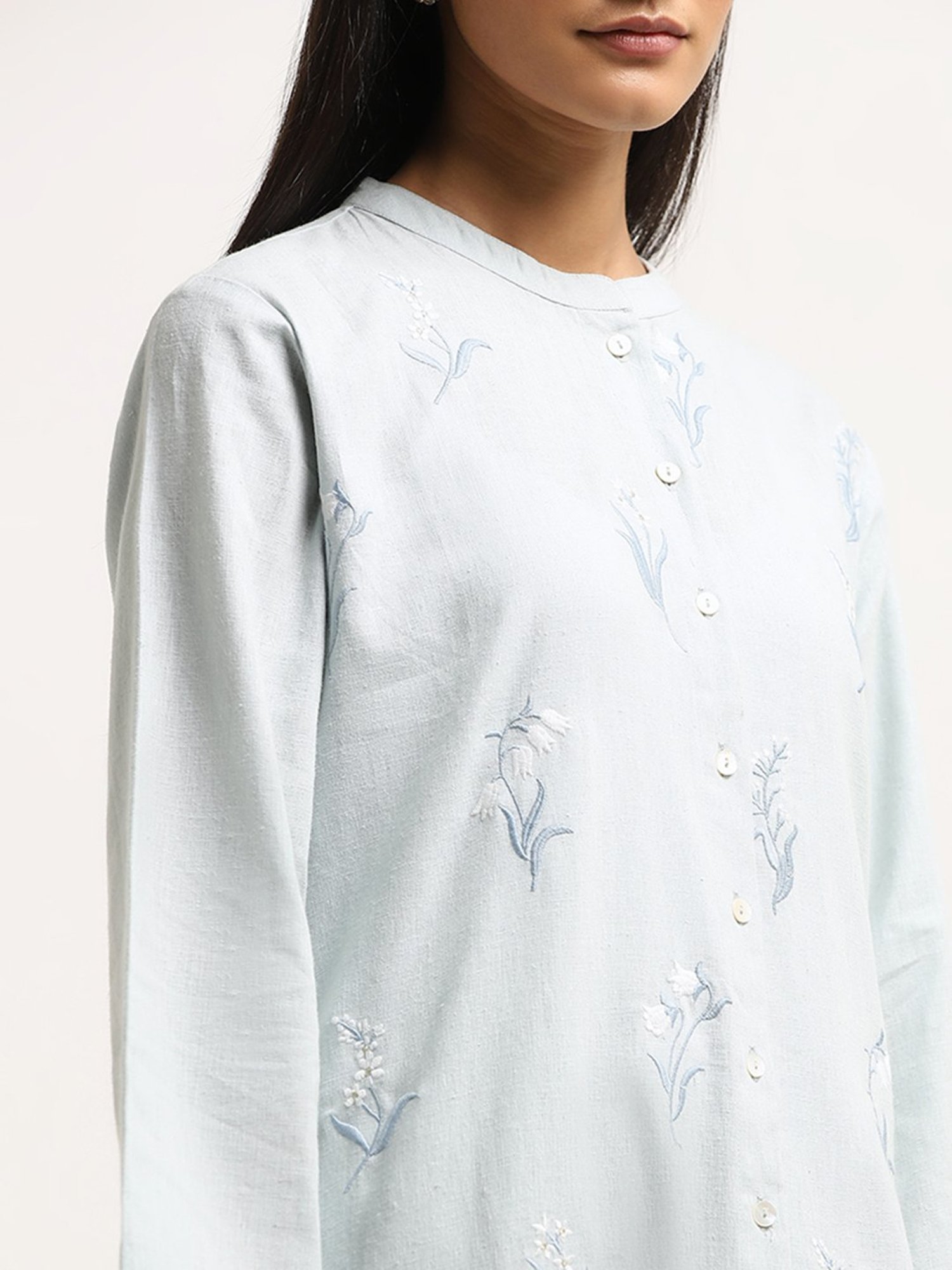 Zuba by Westside Light Blue Floral Embroidered A-Line Cotton Kurta
