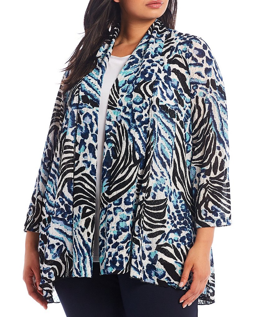 Ali Miles Plus Size Mixed Animal Print Open-Front Drop Needle Onion Skin Jacket