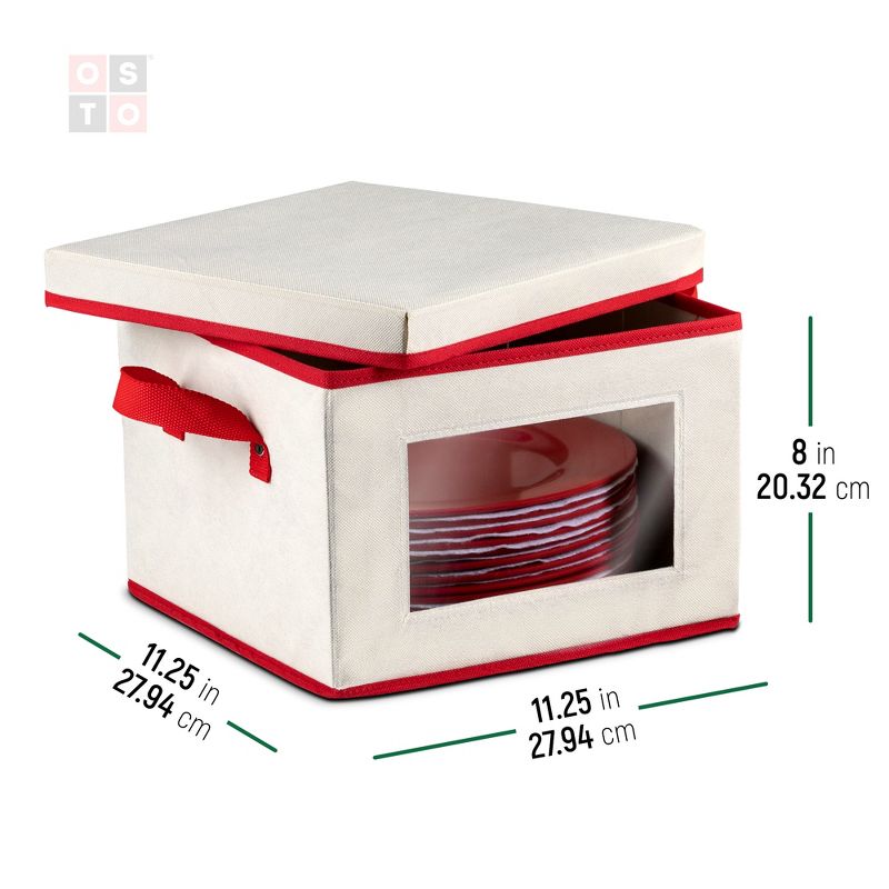 OSTO Holiday Dinnerware Storage Box with Lid; Plate Box Has Cardboard Insert, Clear Window, Handgrips; Non-Woven Fabric Color Ivory and Red