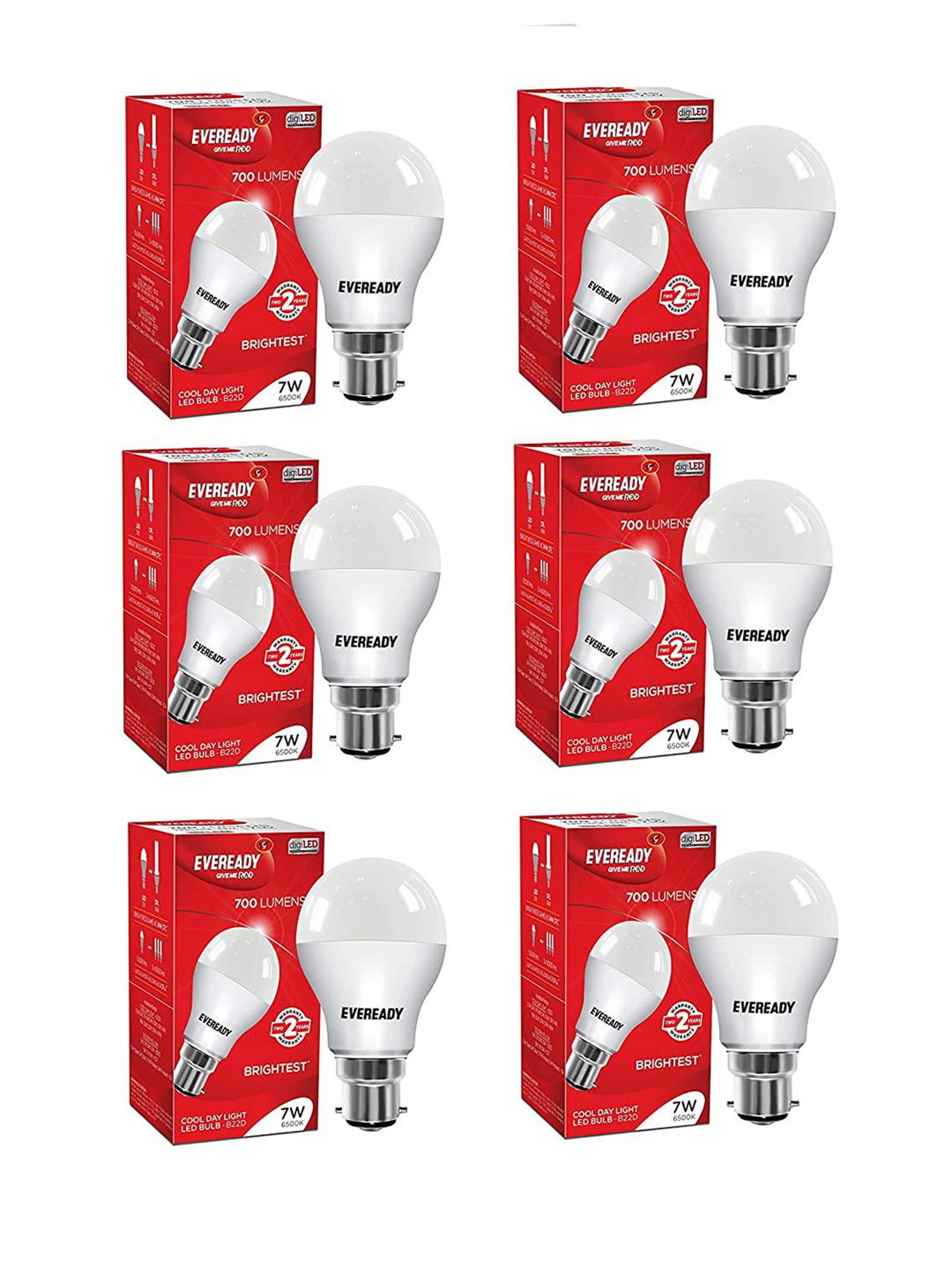 Eveready B22D 7W LED Bulb - Pack of 6 (8901691018003, White)