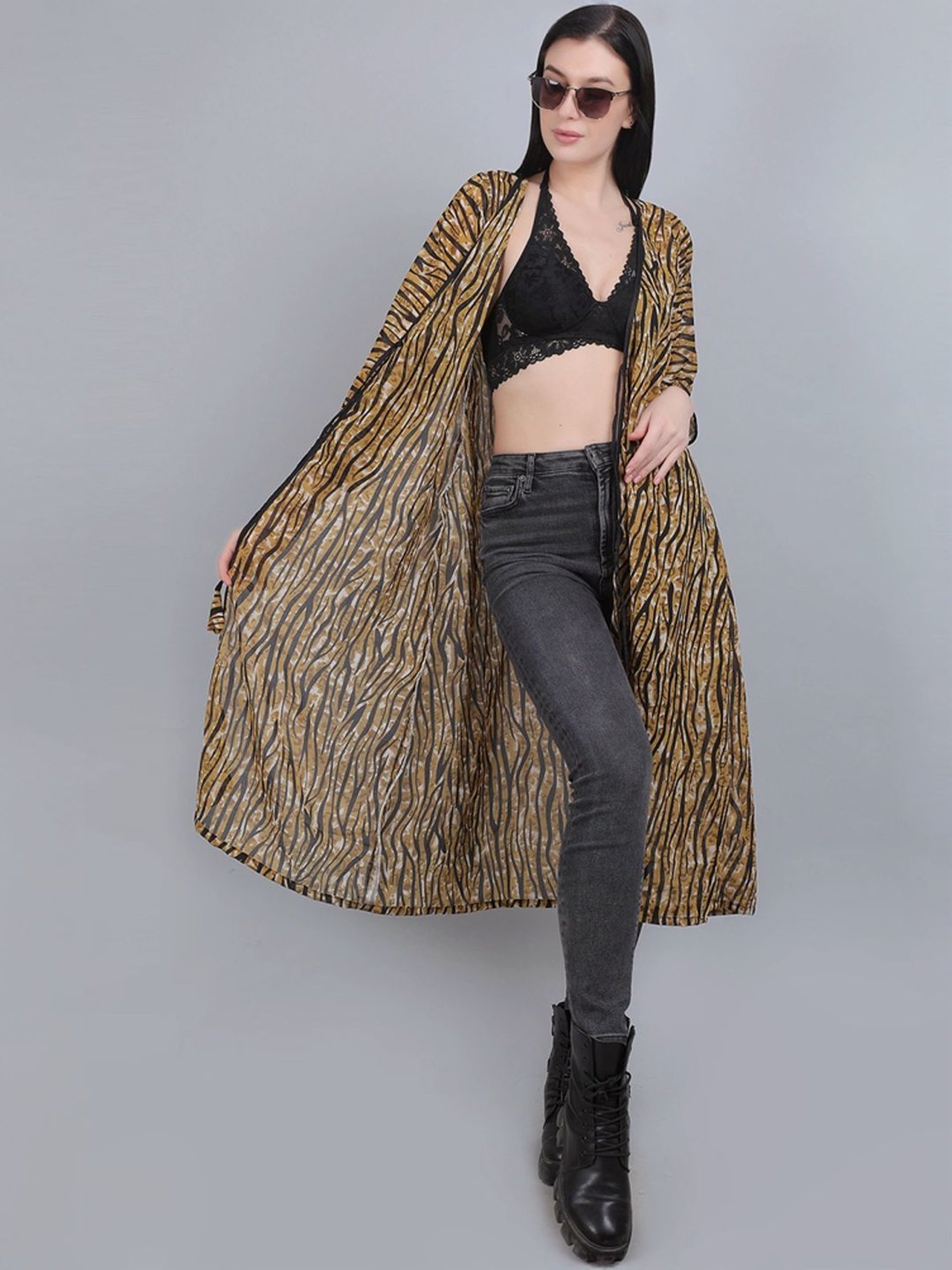 mod & shy Brown Printed Long Shrug