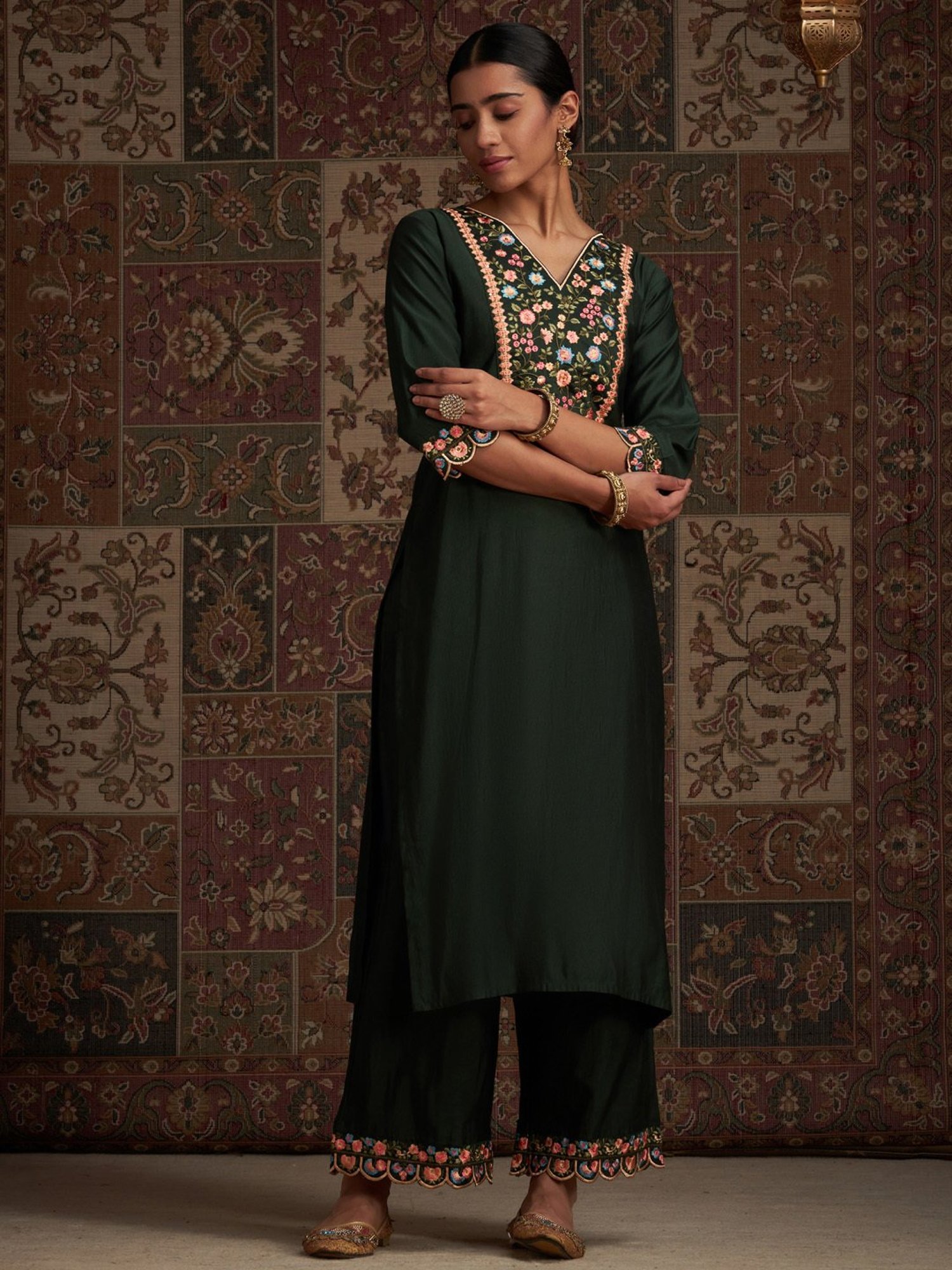 Indo Era Green Embroidered Kurta Palazzo Set With Dupatta