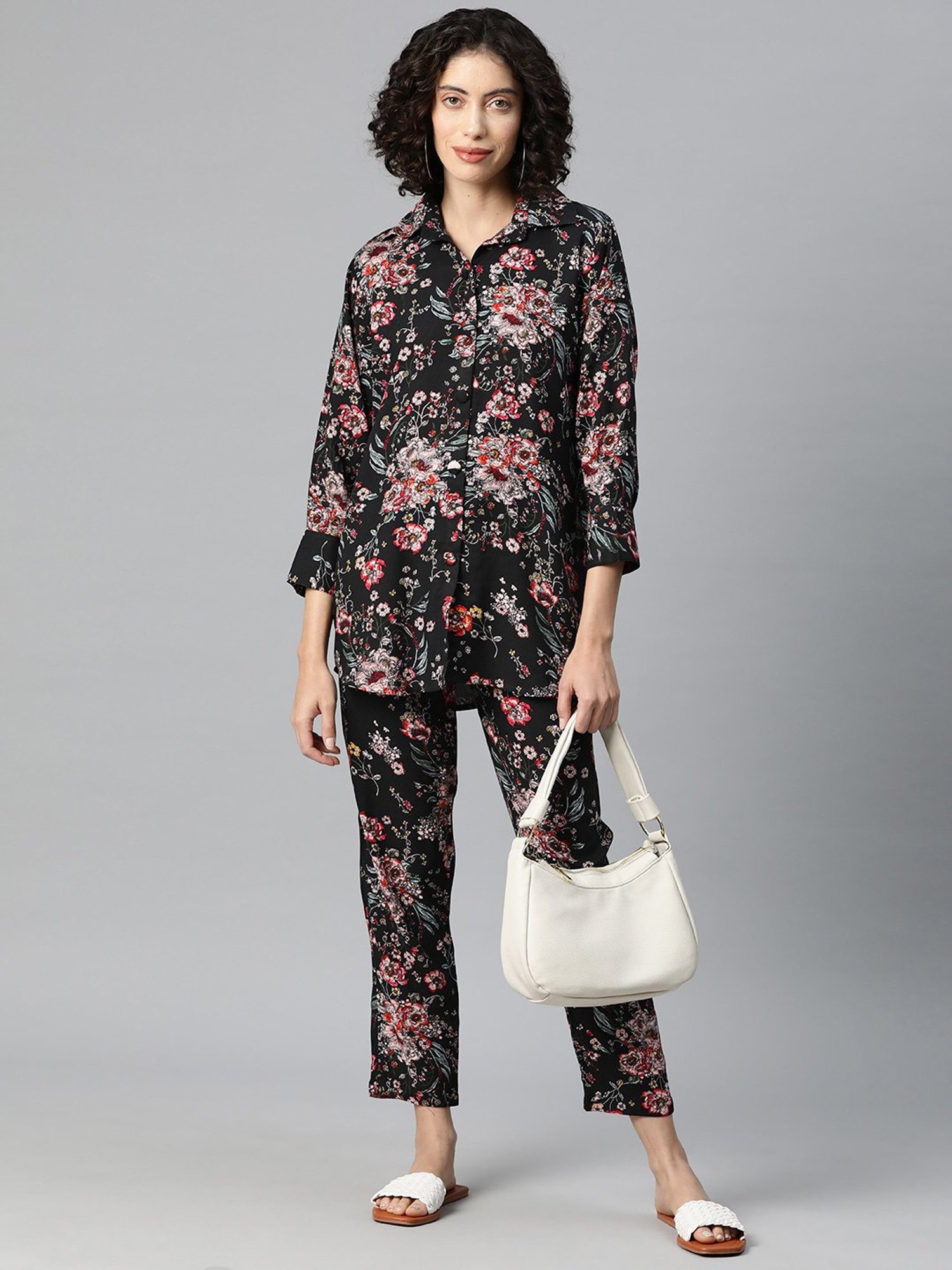 One Femme Black Print Shirt With Pants