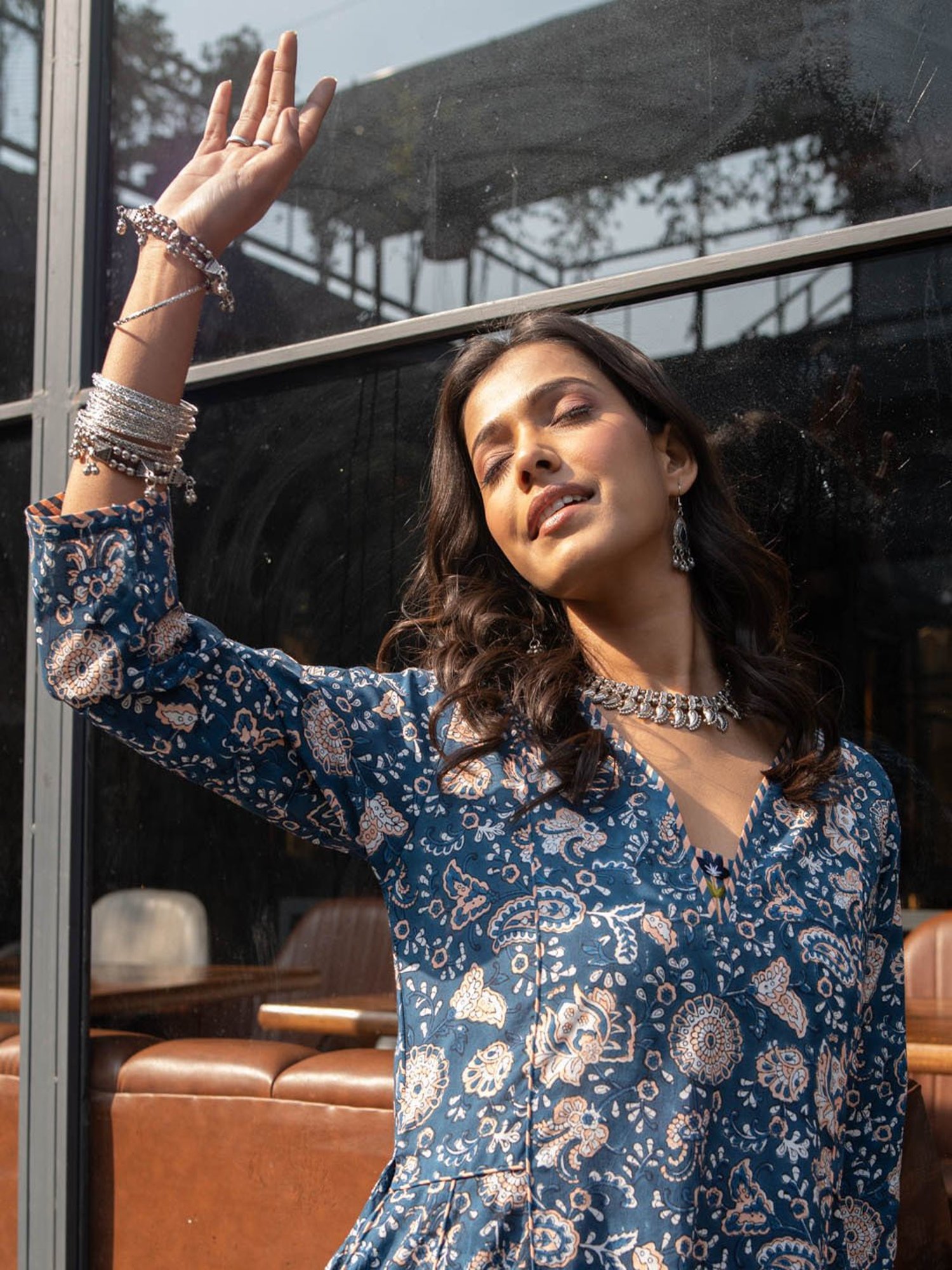 Akiso Blue Block Printed Anarkali Kurta With Hand Embroidery Details