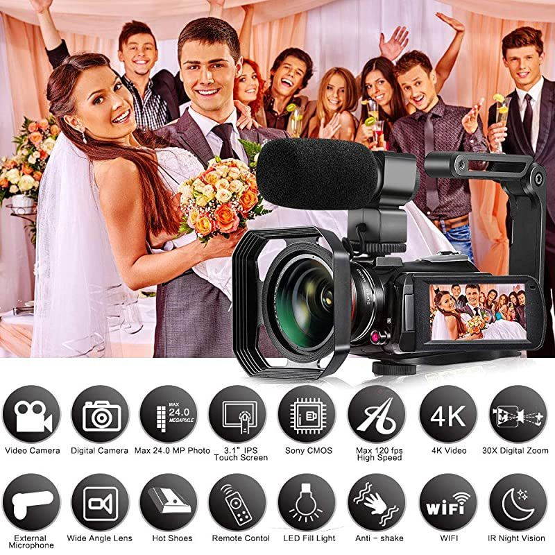 Video Camera,  4K Camcorder WiFi Ultra HD Vlogging Camera for YouTube, 3.1'' IPS Screen 30X Digital Zoom Night Vision Video Camera with Microphone, Wide Lens, 32GB Card, 2 Batteries