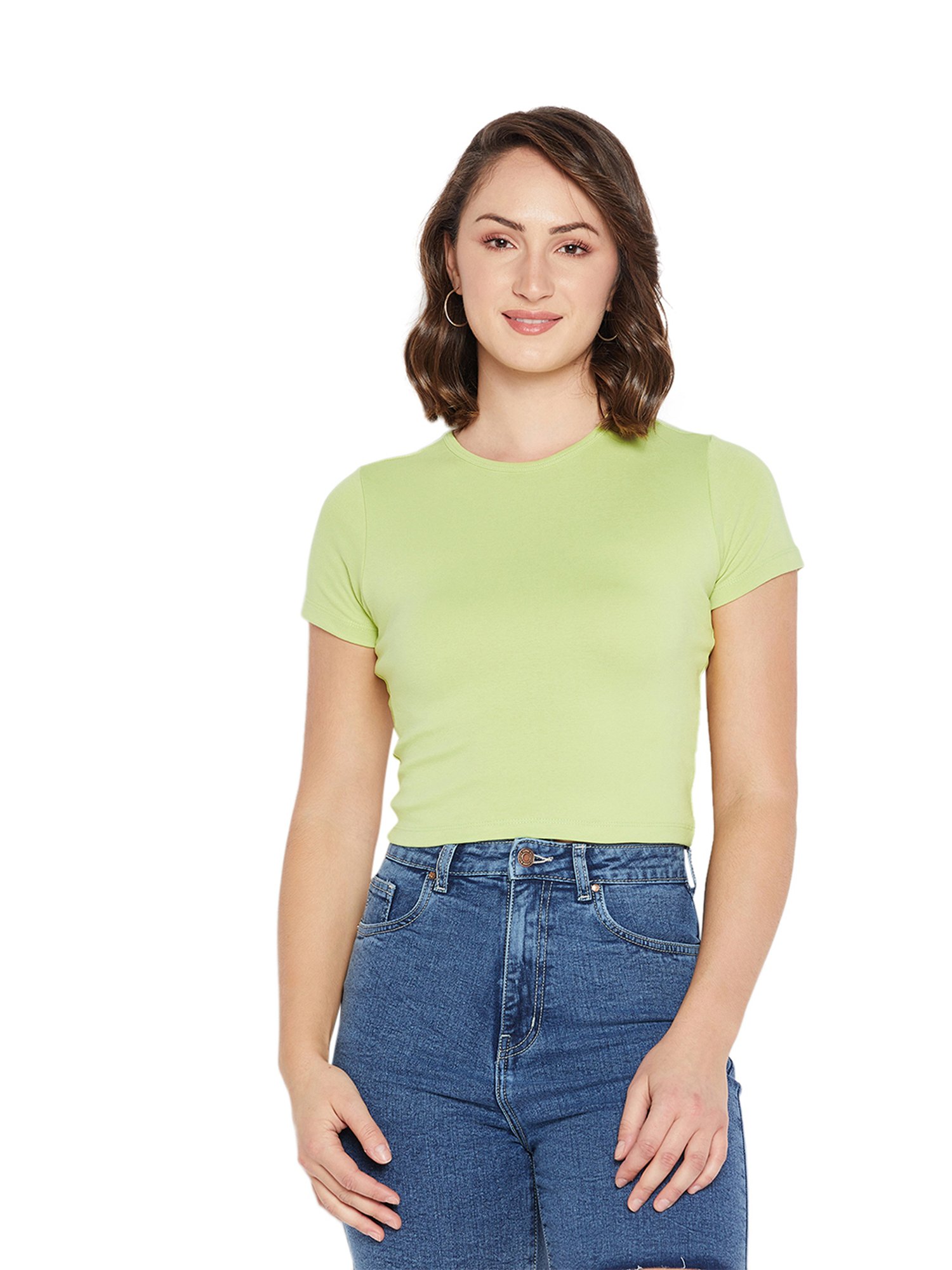 MADAME Green Cotton Regular Fit Crop Top
