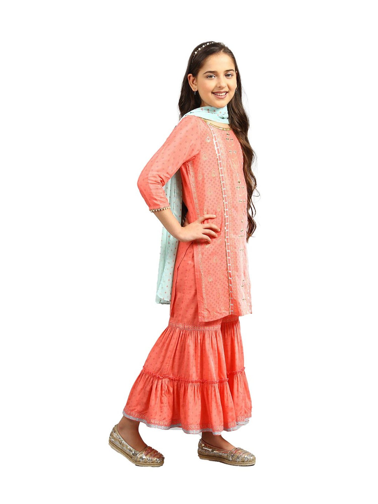 Aurelia Kids Peach & Blue Printed Kurta, Sharara with Dupatta