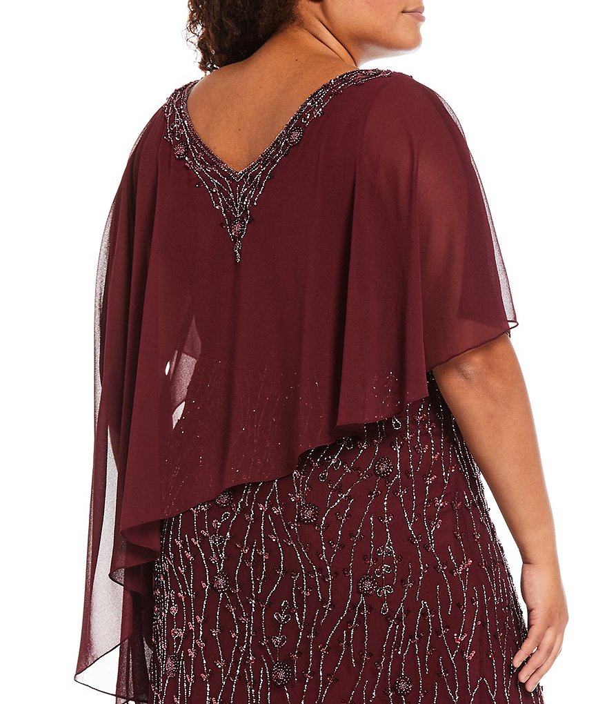 Jkara Plus Size V-Neck Beaded Popover Long Lined Gown