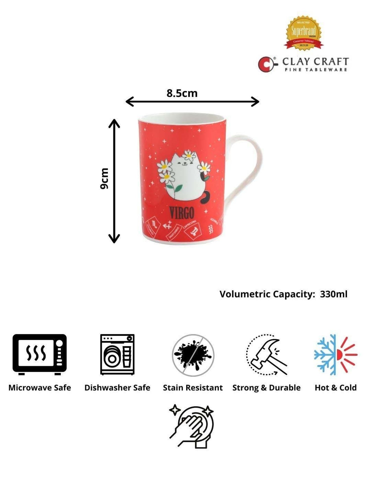 Clay Craft Red & White Ceramic 8.5 cm Milk Mug (0.33 L) - Set of 2