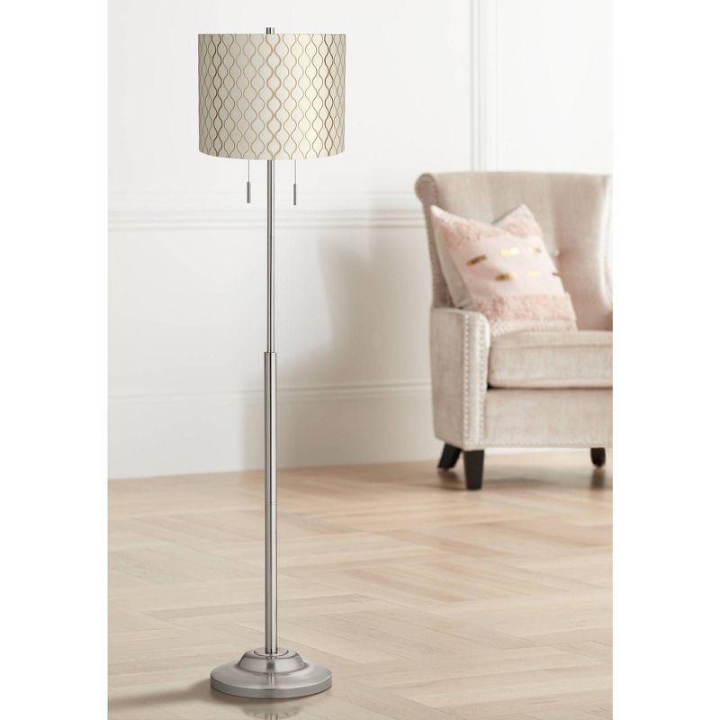 360 Lighting Modern Floor Lamp Brushed Nickel Off White Embroidered Hourglass Drum Shade for Living Room Reading Bedroom Office