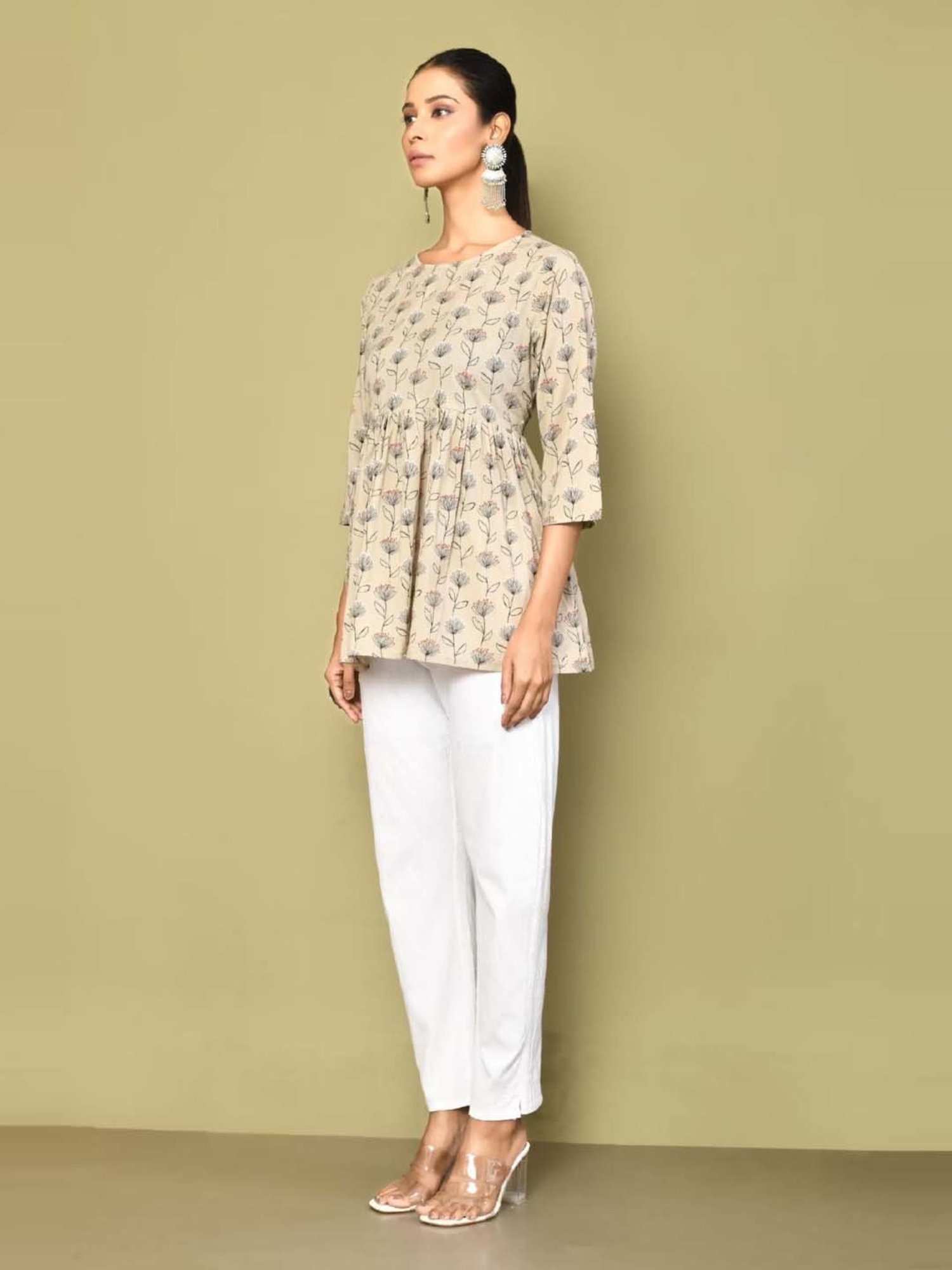 Miravan Beige Cotton Printed A Line Short Kurti
