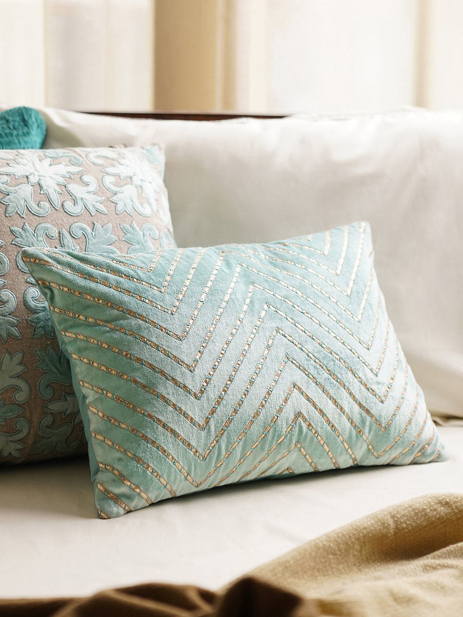 Pure Home and Living Blue Velvet Embroidery Cushion Cover