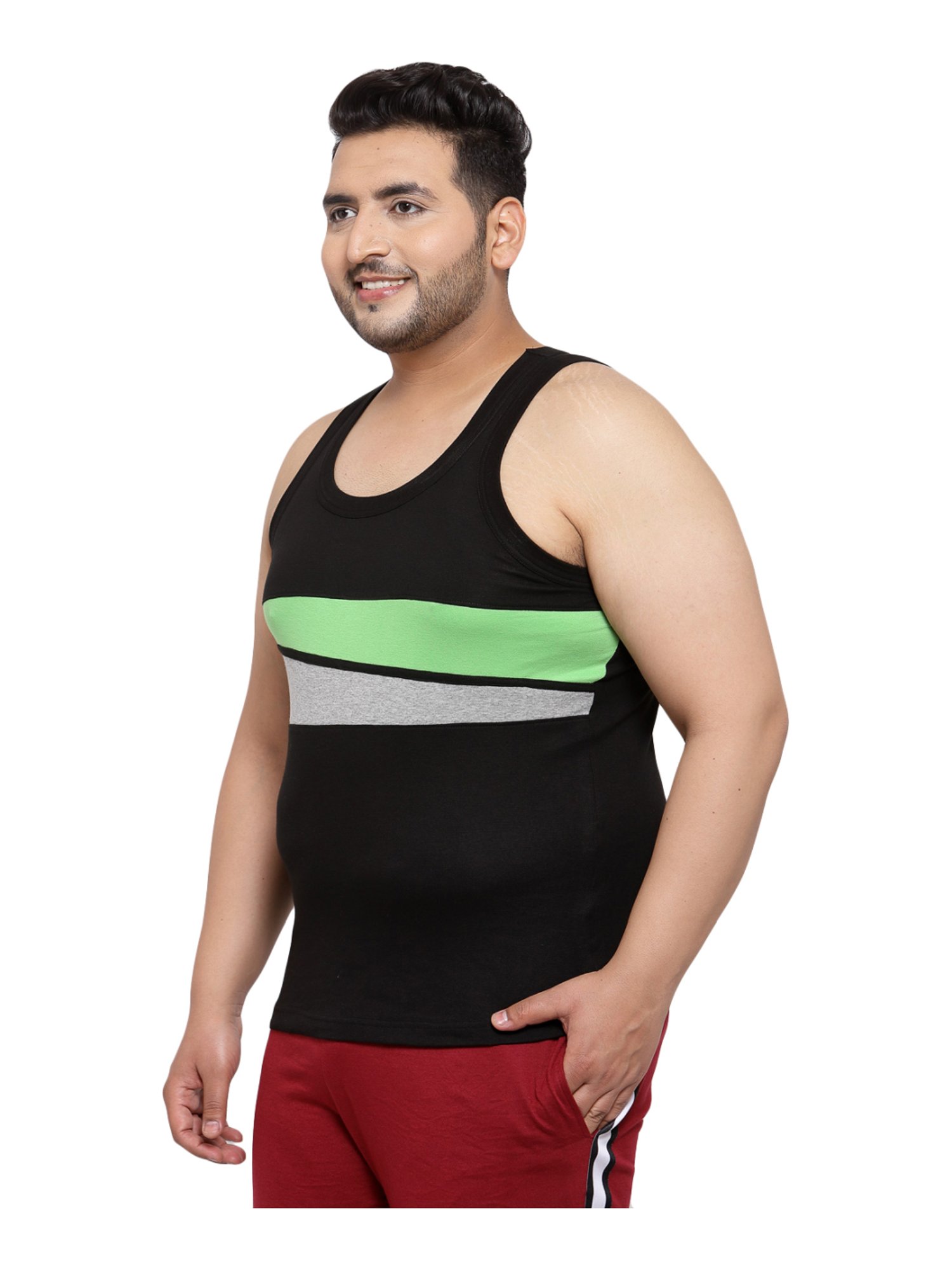 Melon by PlusS Black & Green Cotton Regular Fit Vest