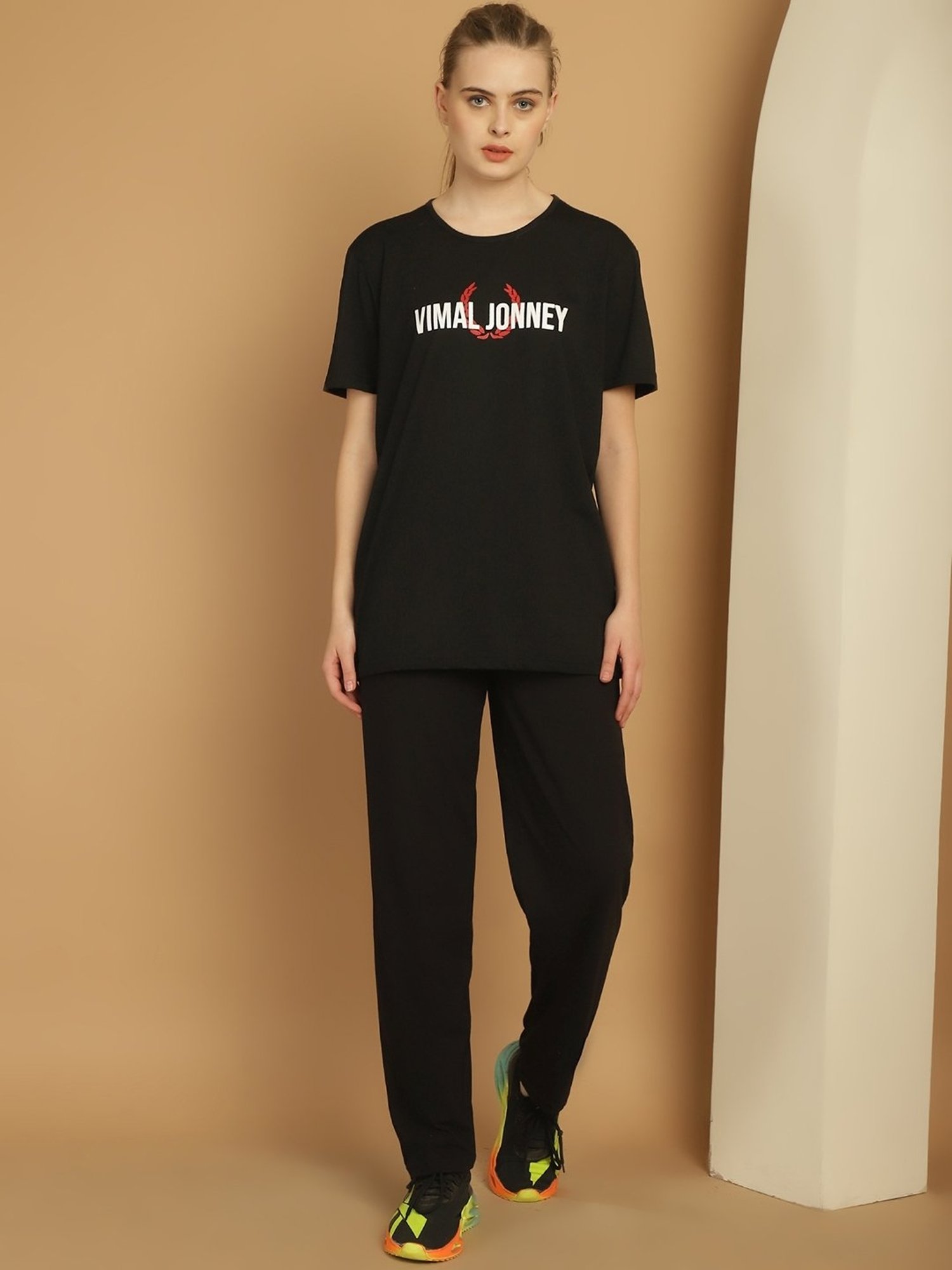 Vimal Jonney Black Cotton Logo Print T-Shirt & Track Pants Set