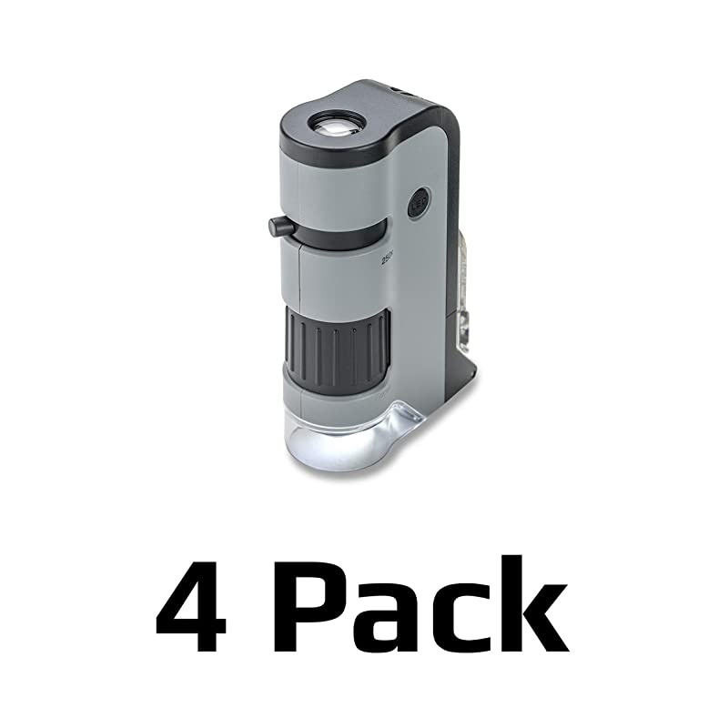 MicroFlip 100x250x LED Lighted Pocket Microscope with Flip Down Slide Base Smartphone Adapter Clip and UV Flashlight Set of 4