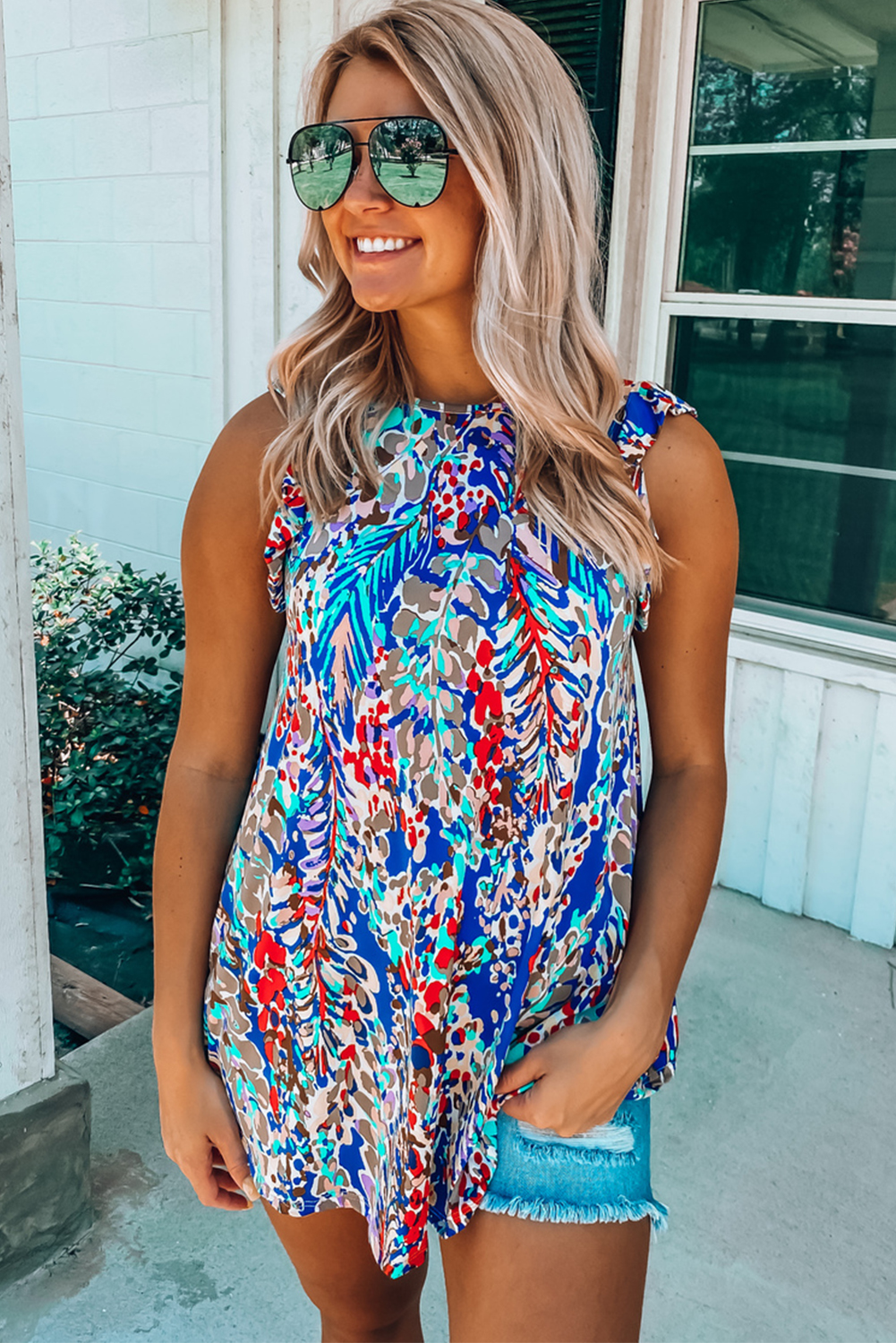 Dark Blue Abstract Print Babydoll Ruffle Sleeveless Shirt