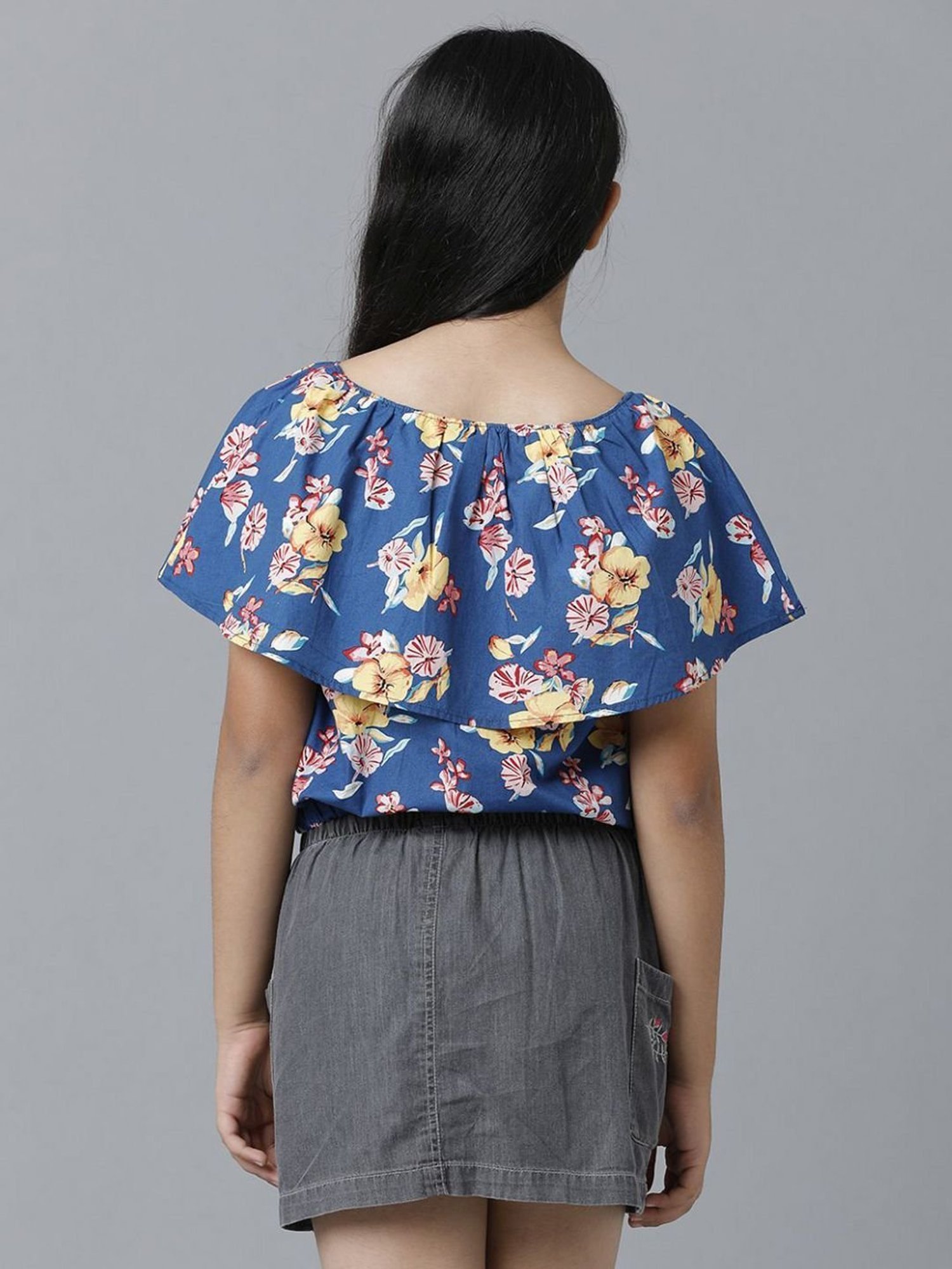 Under Fourteen Only Kids Blue & Yellow Cotton Floral Print Top