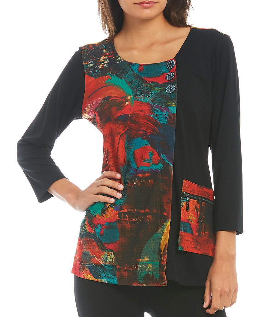 Eva Varro Animal Print Knit Jersey 3/4 Slit Sleeve Tunic