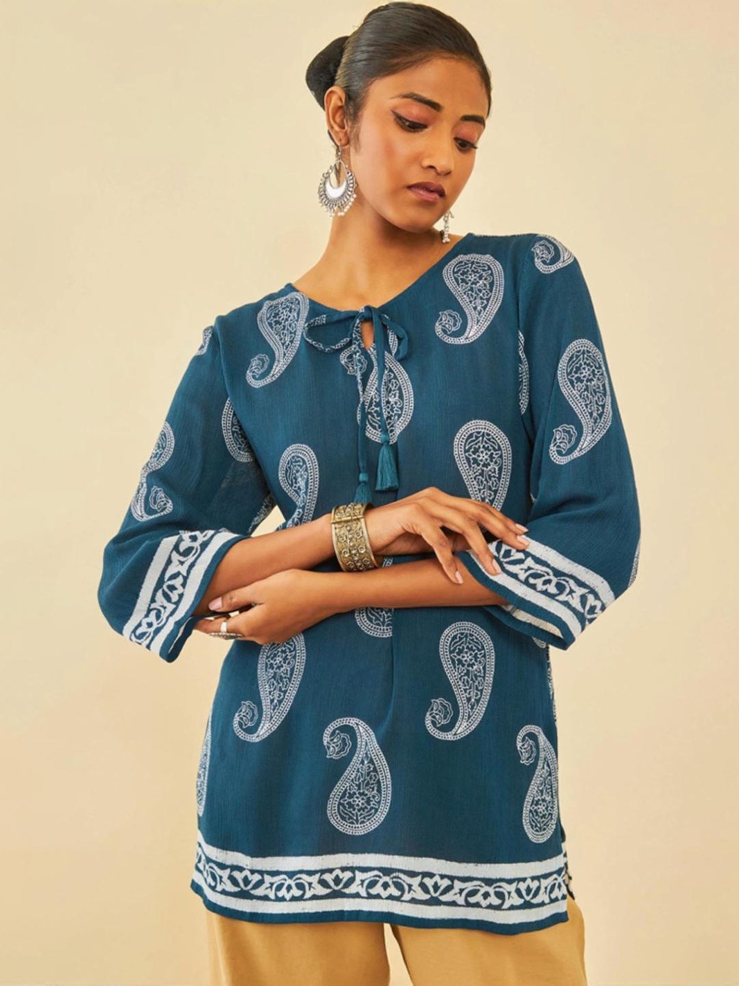 Soch Blue Crepe Paisley Printed Tunic With Tassels