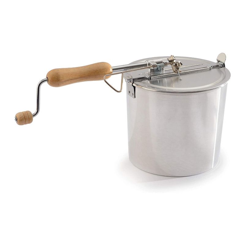 Norpro 4 Quart/3.8 Liter Old Time Aluminum Stovetop Popcorn Popper with Wooden Handle Hand Crank and Included Recipes, Silver