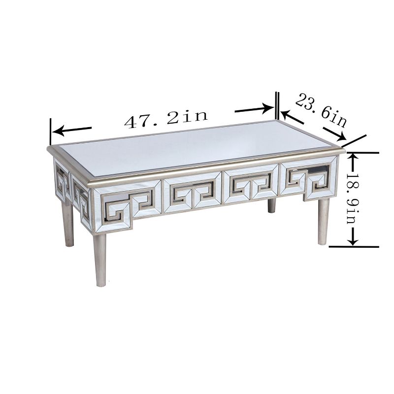 Wallace & Bay 47 Inch Mirror Top Rectangle Accent Coffee Table with Greek Style Key Pattern and Beveled Mirror Finish, Champagne