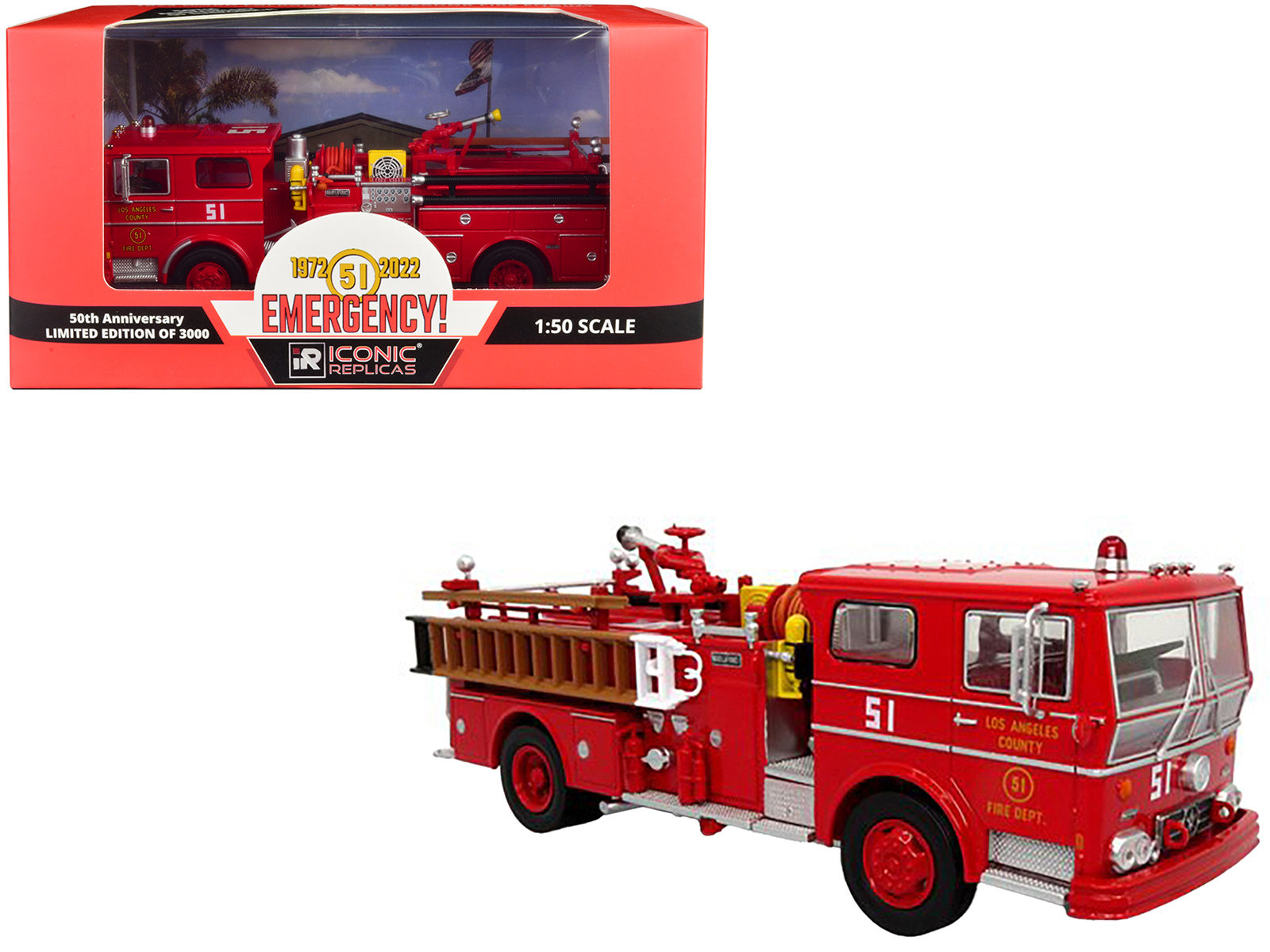1973 Ward LaFrance Fire Engine "Los Angeles County Fire Department Engine 51" Red "5 Alarm" Series Limited Edition 1/87 (HO) Diecast Model by Iconic Replicas