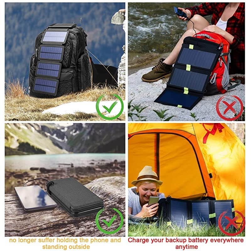 Phone Charger 10.000mAh Power Bank - Portable Smartphone & iPhone Battery + Emergency Flashlight &ndash; (2) USB Ports + (4) Foldable Panels - Fast Charging Smart IC Technology - Camping, Hiking