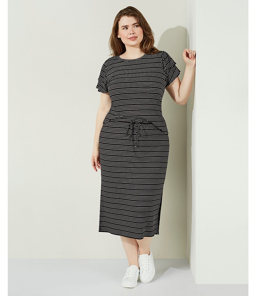 1. STATE Plus Size Striped Crew Neck Tiered Ruffle Short Sleeve Tee