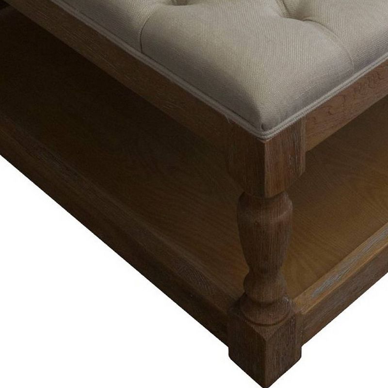 Tufted Fabric Ottoman Table with Open Shelf and Turned Legs Brown - Benzara