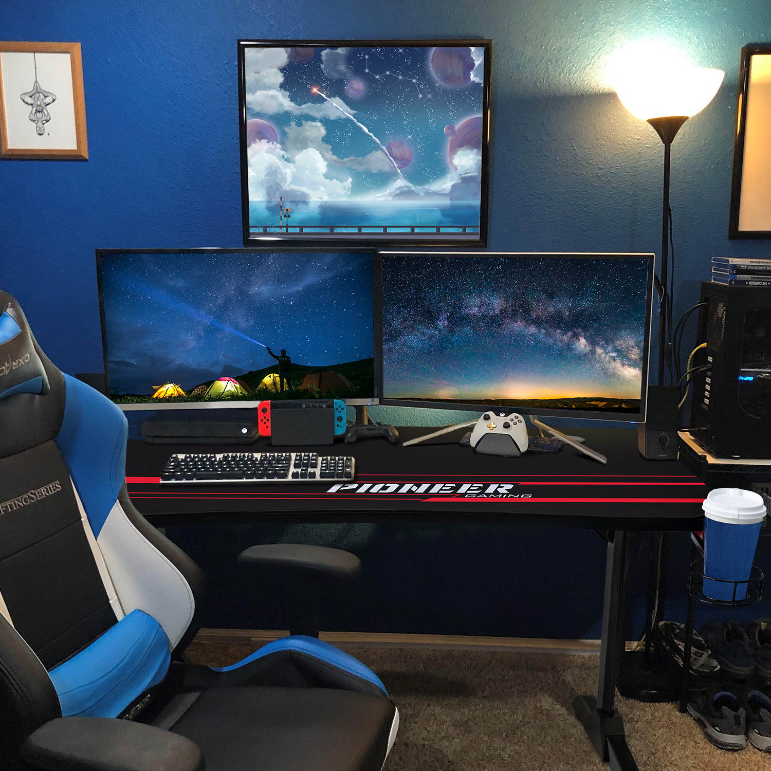 Devoko 43 Inch Gaming Desk T-Shaped PC Computer Table with Free Mouse Pad Carbon Fibre Surface Home Office Desk Gamer Table with Game Handle Rack Headphone Hook and Cup Holder (Black)