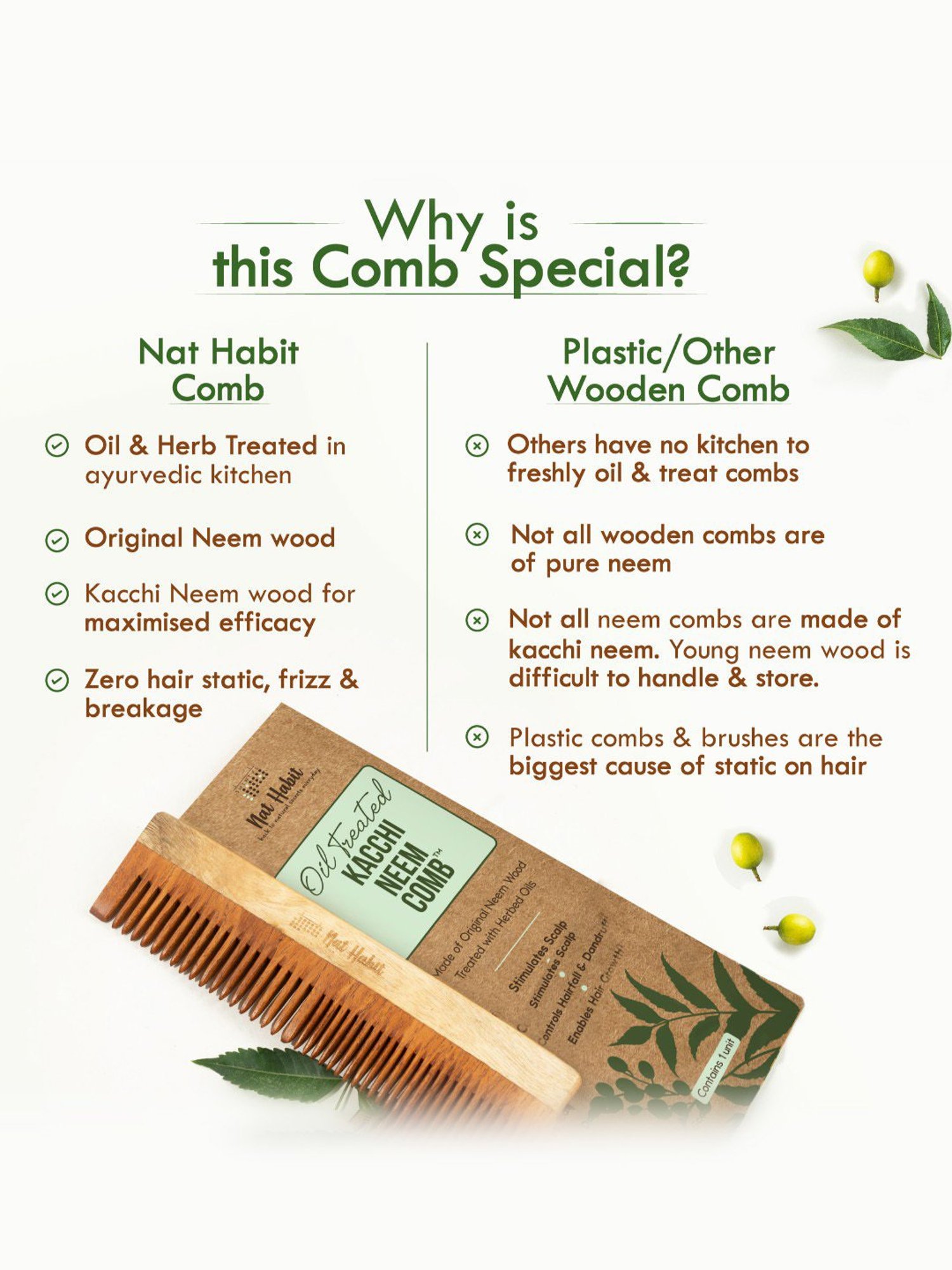 Nat Habit Dual Tooth Kacchi Neem Comb - 1 Pc