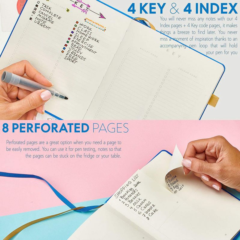 Bullet Journal Dot Grid Notebook - Dotted Notebook/Journal Hardcover with Thick Paper - Leather Pocket Bullet Planner (7-5,5) / Small Diary with Numbered Pages & Pen Loop + Stickers