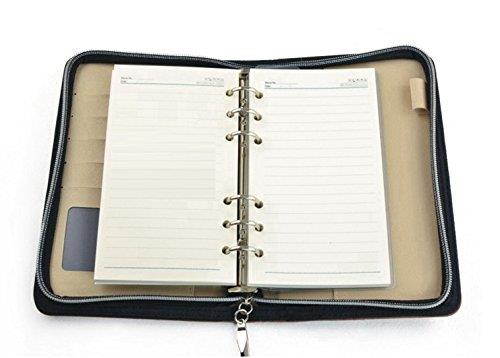Chris-Wang 1Pk PU Woven Pattern Zipper Binder Business Zippered 6-ring Portfolio Planner -Filler Paper, Pagefinder Ruler, Calculator, Clear PVC Card Bag Included (A6, Blue)