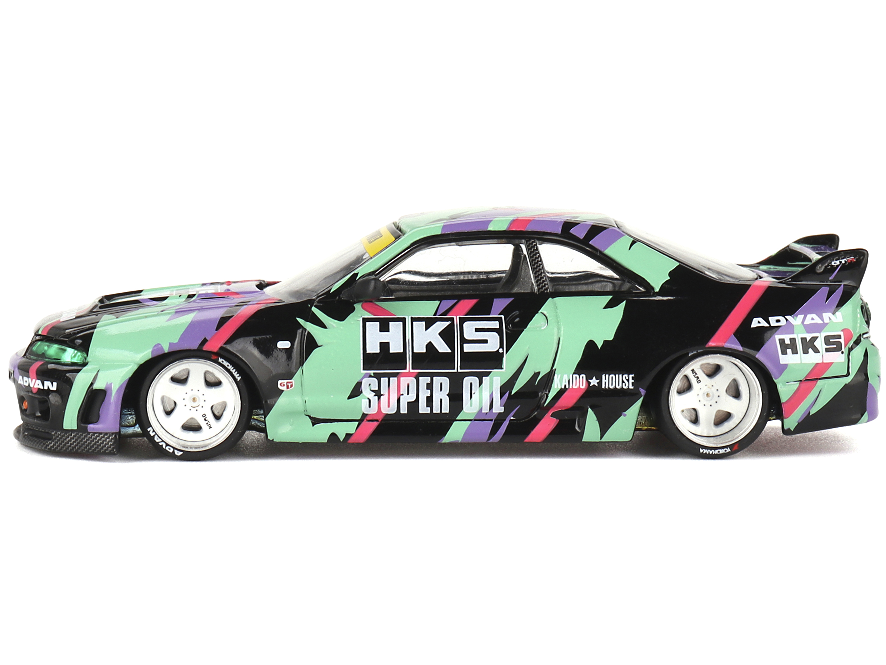 Nissan Skyline GT-R (R33) "HKS V1" RHD (Right Hand Drive) Black with Graphics (Designed by Jun Imai) "Kaido House" Special 1/64 Diecast Model Car by Mini GT