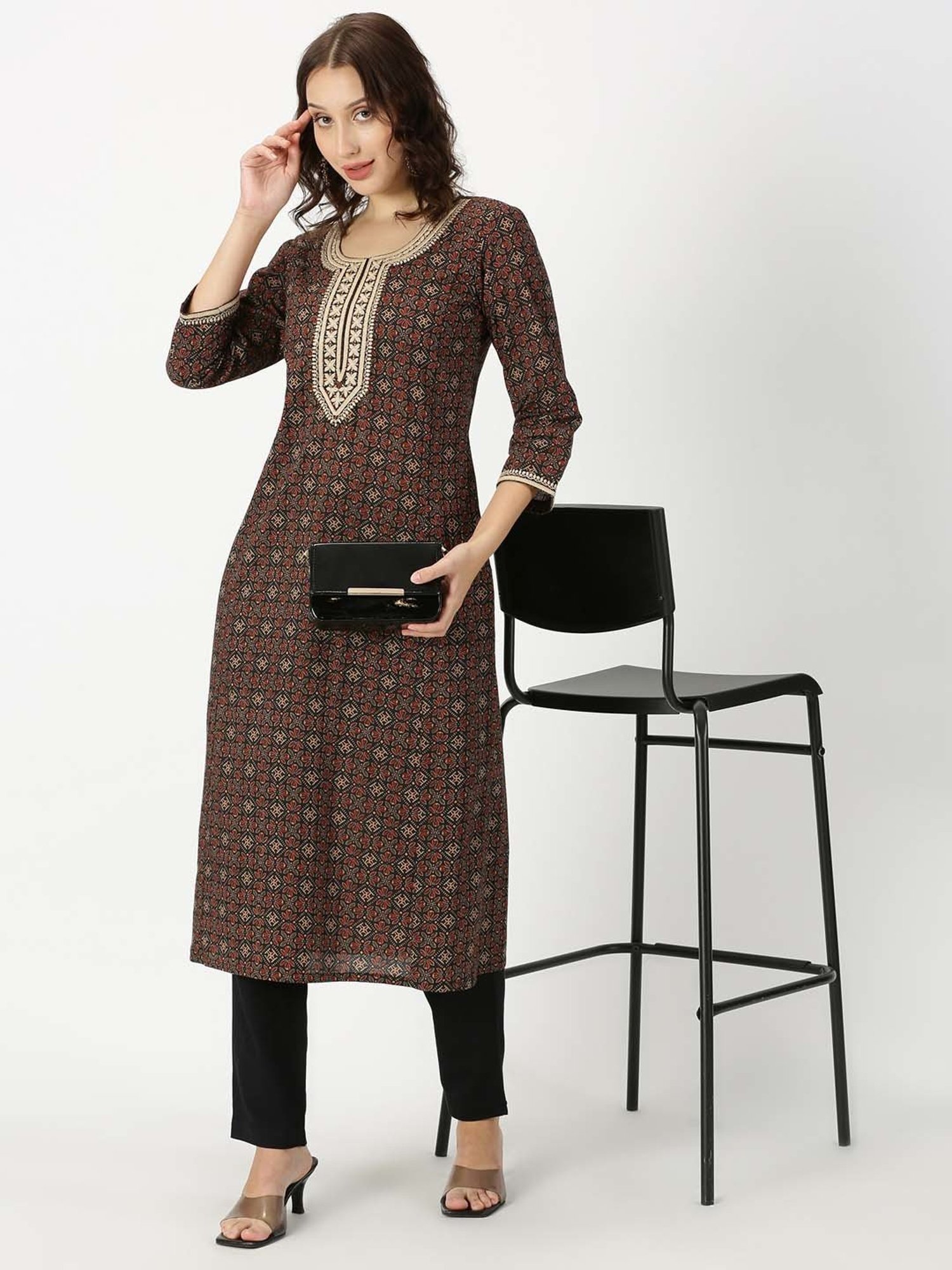 Saffron Threads Black Printed Straight Kurta