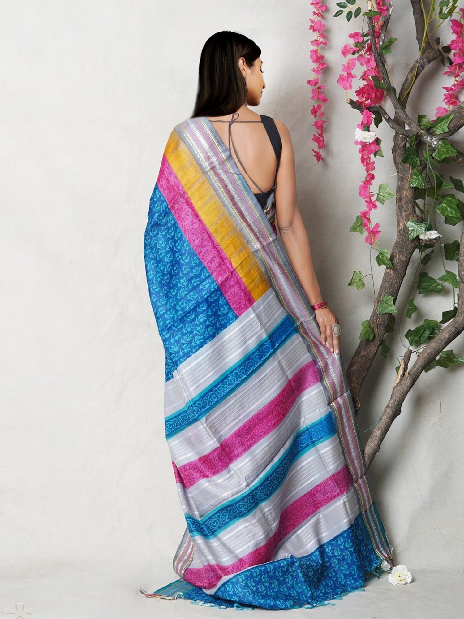 Unnati Silks Blue & Pink Silk Printed Saree With Unstitched Blouse