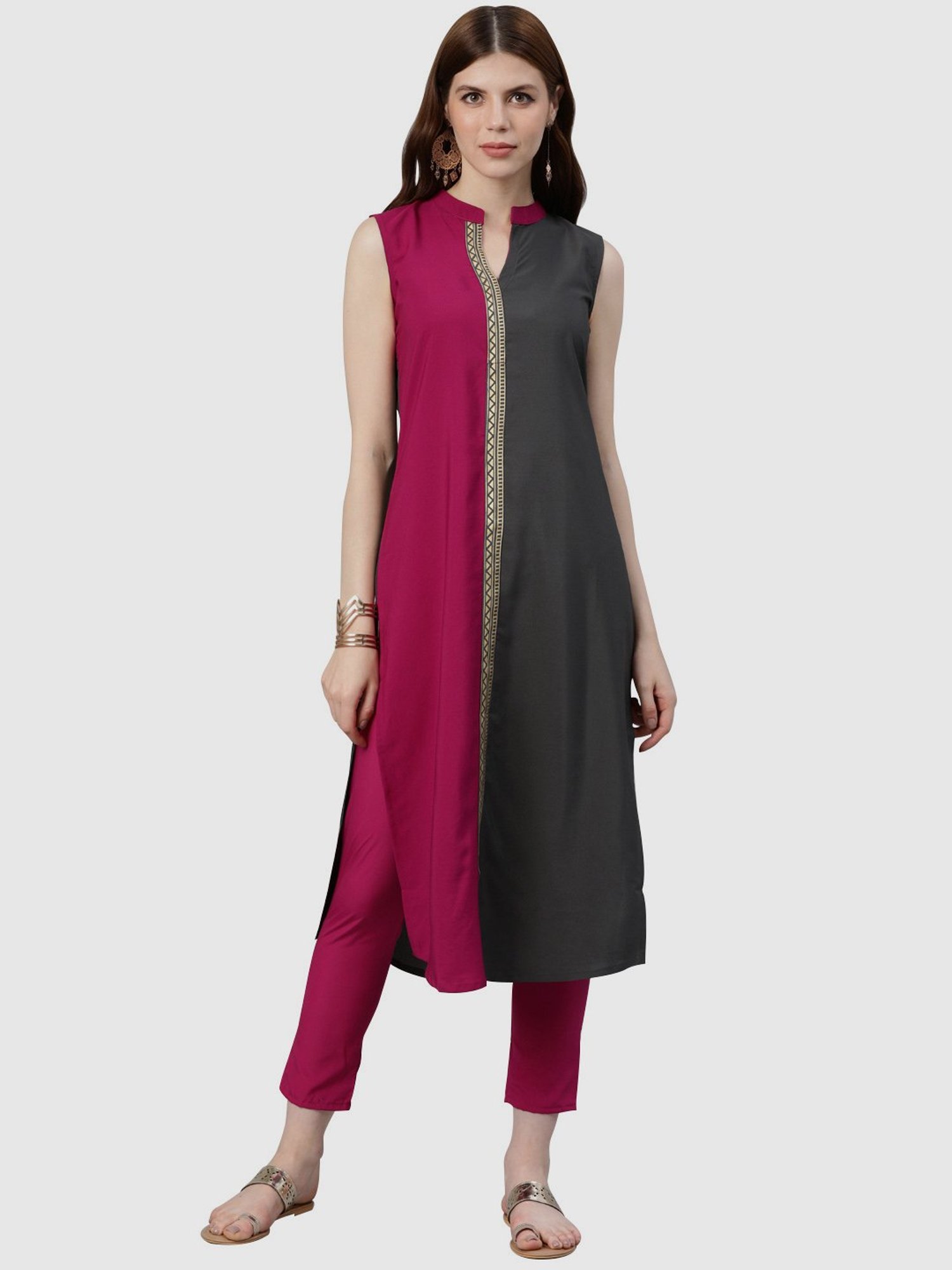 Ziyaa Grey & Pink Printed Straight Kurta